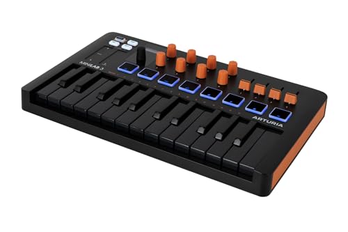 Arturia MiniLab 3, 25 Slim-Key USB-C Midi Controller with 5-Year Warranty, 8 Backlit LED Pads, 8 Knobs, 4 Faders, Midi Out, Built-in Arpeggiator, Chord mode and Software Bundle