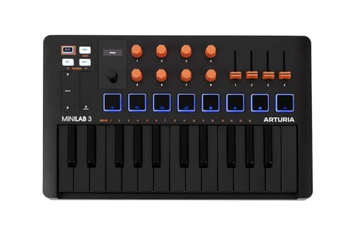 Arturia MiniLab 3, 25 Slim-Key USB-C Midi Controller with 5-Year Warranty, 8 Backlit LED Pads, 8 Knobs, 4 Faders, Midi Out, Built-in Arpeggiator, Chord mode and Software Bundle