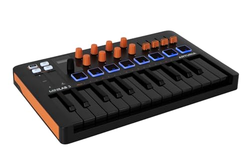 Arturia MiniLab 3, 25 Slim-Key USB-C Midi Controller with 5-Year Warranty, 8 Backlit LED Pads, 8 Knobs, 4 Faders, Midi Out, Built-in Arpeggiator, Chord mode and Software Bundle