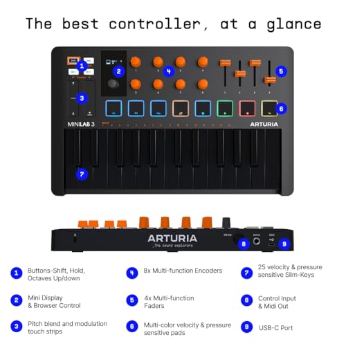 Arturia MiniLab 3, 25 Slim-Key USB-C Midi Controller with 5-Year Warranty, 8 Backlit LED Pads, 8 Knobs, 4 Faders, Midi Out, Built-in Arpeggiator, Chord mode and Software Bundle