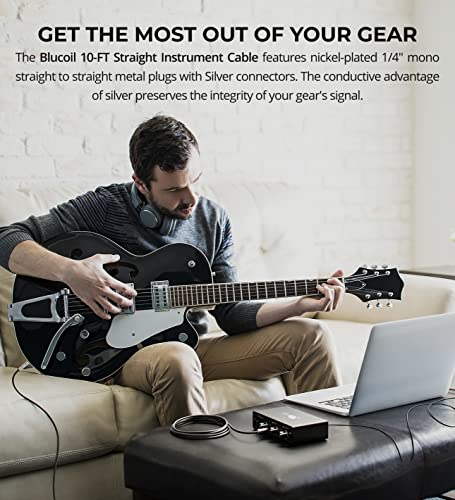 blucoil 2-Pack of 10-FT Straight Instrument Cables with Premium 1/4" Male to 1/4" Male Connectors for Guitars, Bass, Keyboards, Preamps, and Amplifiers