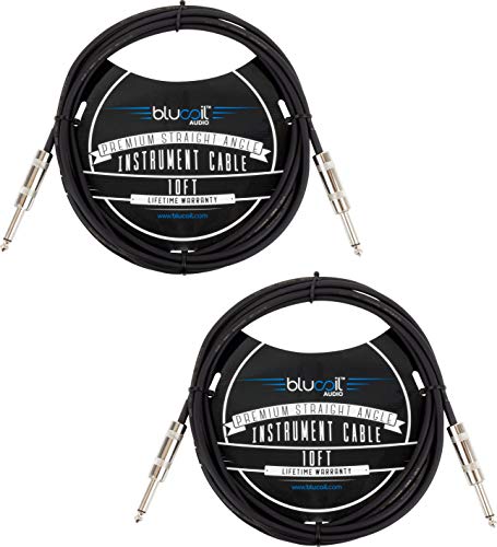 blucoil 2-Pack of 10-FT Straight Instrument Cables with Premium 1/4" Male to 1/4" Male Connectors for Guitars, Bass, Keyboards, Preamps, and Amplifiers