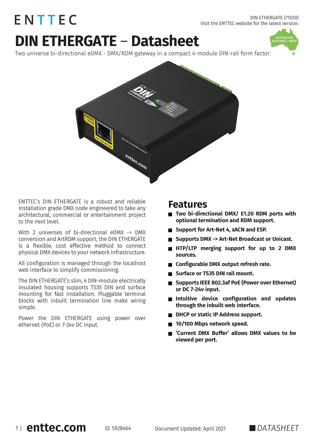 ENTTEC DIN Ethergate POE 71030 2 Universe Ethernet to Dual DMX RDM Converter, Black