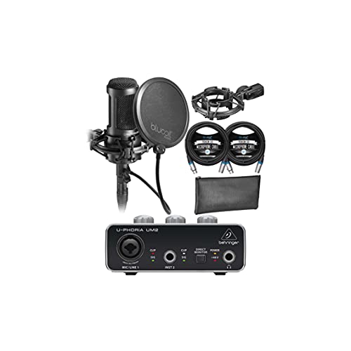 blucoil Audio Technica AT2050 Multi-Pattern Condenser Microphone Bundle with Behringer U-PHORIA UM2 USB Audio Interface for Windows & Mac, 2X 10' Balanced XLR Cables, Pop Filter, and 5X Cable Ties