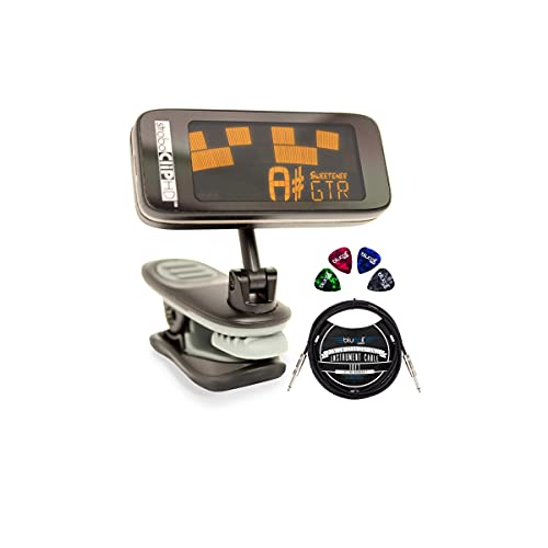 Peterson StroboClip HD Clip-On Tuner | Guitar, Bass, Violin, Ukulele, Harp, Brass, Woodwind, Orchestral Bundle with Blucoil 10' Straight Instrument Cable (1/4"), and 4-Pack of Celluloid Guitar Picks