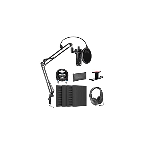 Audio-Technica AT2035 Cardioid Condenser Microphone Bundle with Blucoil 4x 12" Acoustic Wedges, 10' Balanced XLR Cable, Boom Arm Plus Pop Filter, Aluminum Headphone Hook, and Samson SR350 Headphones