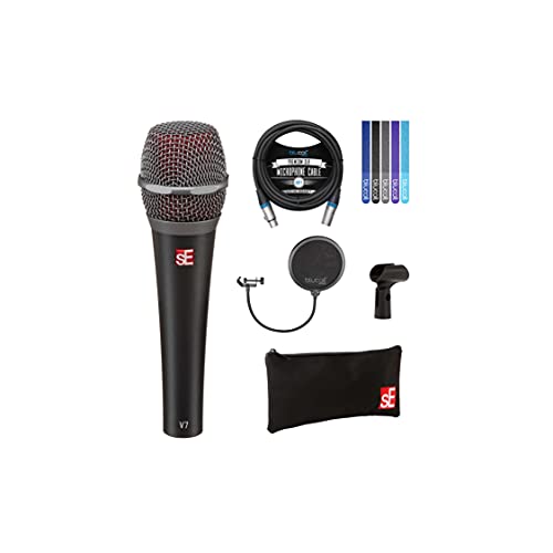 blucoil sE Electronic V7 Supercardioid Dynamic Microphone Bundle 10' XLR Cable, Pop Filter, and 5-Pack of Reusable Velcro Cable Ties - for Vocals, Electric Guitars, Drums, Broadcasting