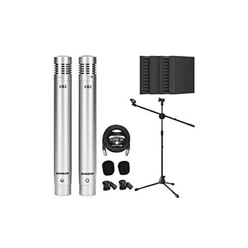 Samson C02 Pencil Condenser Microphones Pair for Vocals, Acoustic Guitars, Pianos, Overhead Drums Bundle with Blucoil 20-FT Balanced XLR Cable, Adjustable Mic Stand, and 4x 12" Acoustic Wedges