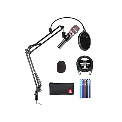 SE Electronics V7 Supercardioid Dynamic Microphone Bundle with Blucoil Boom Arm Plus Pop Filter, 10' XLR Cable, and 5-Pack of Reusable Cable Ties — for Vocals, Electric Guitars, Drums