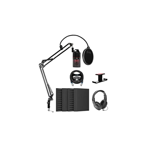 MXL 990 Blaze Condenser Microphone with Red LED Lights Bundle with Blucoil 4X 12 Acoustic Wedges, 10' XLR Cable, Boom Arm Plus Pop Filter, Aluminum Headphone Hook, and Samson SR350 Headphones