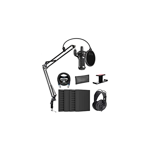 Audio-Technica AT2050 Multi-Pattern Condenser Microphone Bundle with Blucoil 10' XLR Cable, Boom Arm Plus Pop Filter, 4X 12 Acoustic Wedges, Aluminum Headphone Hook, and Samson SR850 Headphones