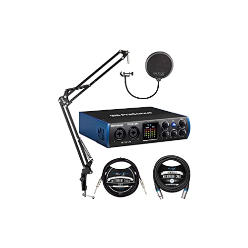 PreSonus Studio 24c 2x2, 192 kHz, USB Audio Interface for Mac and Windows Bundle with Blucoil Boom Arm Plus Pop Filter, 10-FT Balanced XLR Cable, and 10-FT Straight Instrument Cable (1/4in)