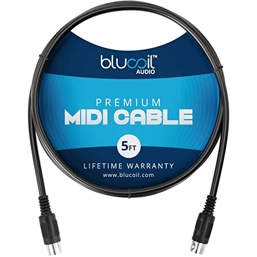 blucoil 5-FT Premium MIDI Cable with 5-Pin DIN Male Nickel-Plated Plugs and PVC Jacket - Compatible with MIDI Keyboard, Synthesizer, Sampler, Drum Machine, and Effects Processor