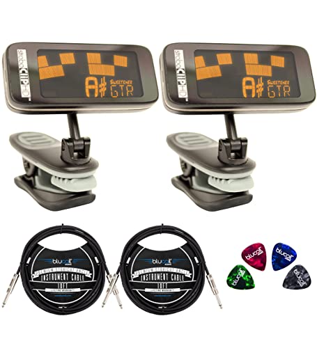 Peterson StroboClip HD Clip-On Tuners (2-Pack) for Guitar, Bass, Violin, Ukulele, Harp, Brass Bundle with Blucoil 2-Pack of 10' Straight Instrument Cables (1/4"), and 4-Pack of Celluloid Guitar Picks