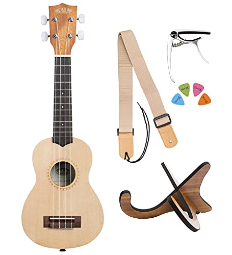 Kala KA-15S-S Mahogany Soprano Ukulele (Spruce Top) with Rosewood Fretboard, Aquila Super Nylgut Strings, and Downloadable Kala App Bundle with Blucoil Ukulele Accessories Kit