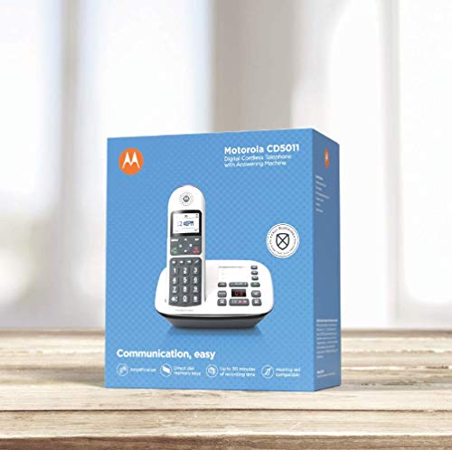 Motorola CD5011 DECT 6.0 Cordless Phone with Digital Answering Machine, Call Block, and 10dB Amplification Bundle with Blucoil 10-FT 1 Gbps Cat5e Cable, and 5-Pack of Reusable Cable Ties