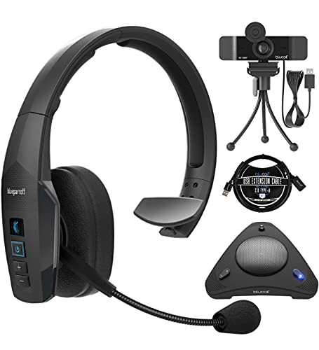 BlueParrott B450-XT Noise Cancelling Bluetooth Headset for iOS & Android Bundle with Blucoil 1080p USB Webcam for Windows & Mac, USB Conference Speakerphone, and 3-FT USB 2.0 Type-A Extension Cable