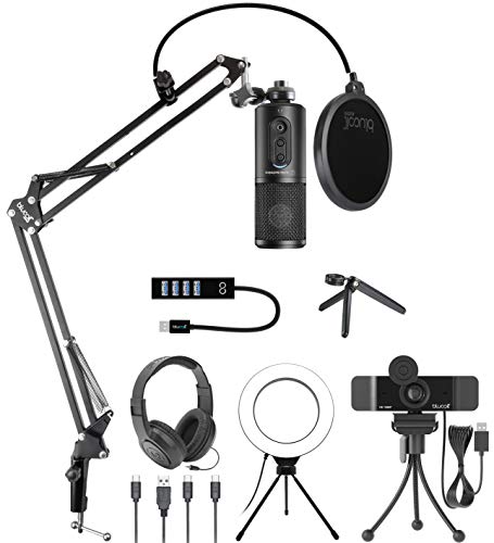 Audio-Technica ATR2500x-USB Cardioid Condenser Microphone (ATR Series) Bundle with Blucoil 1080p USB Webcam, Boom Arm Plus Pop Filter, 6" Ring Light, Samson SR350 Headphones, and USB-A Mini Hub