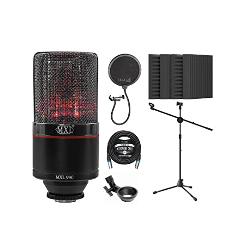MXL 990 Blaze Cardioid Condenser Microphone Bundle with Blucoil 20' XLR Cable, Pop Filter, Adjustable Mic Stand, and 4-Pack of 12 Acoustic Wedges
