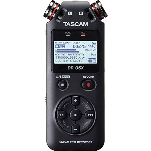 TASCAM DR-05X Portable Audio Recorder and USB Audio Interface for Mac, Windows, iOS Bundle with 32GB microSDHC Memory Card with Adapter, Wired Lavalier Microphone, and Blucoil 5-FT Audio Aux Cable