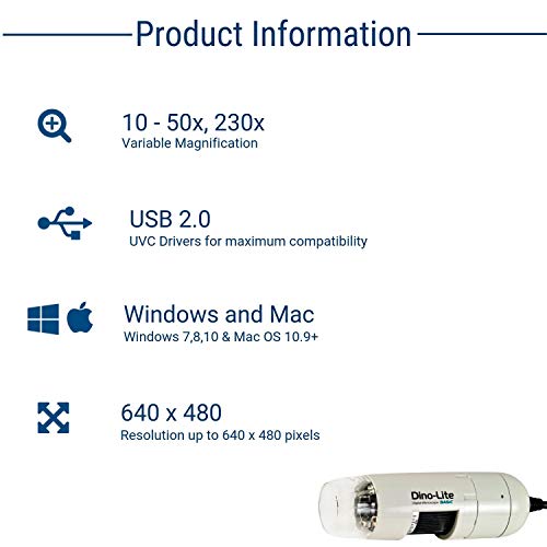 Dino-Lite USB Handheld Digital Microscope, 10x-220x Magnification 0.3MP/1.3MP/5.0MP True Resolution, Windows/Mac Software Included
