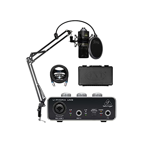 Behringer MXL 770 Condenser Microphone with U-PHORIA UM2 USB Audio Interface, Blucoil Boom Arm Plus Pop Filter, and 10' XLR Cable for Vocals and String Instruments