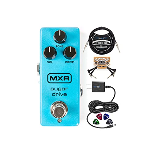 MXR M294 Sugar Drive Overdrive Pedal for Electric Guitars Bundle with Blucoil Slim 9V Power Supply AC Adapter, 10' Straight Instrument Cable (1/4"), 2-Pack of Pedal Patch Cables, and 4x Guitar Picks