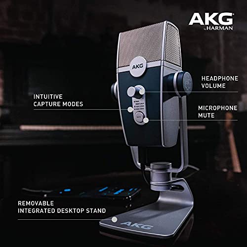 AKG Pro Audio Lyra Ultra-HD, Four Capsule, Multi-Capture Mode, USB-C Condenser Microphone for Recording and Streaming Bundle with Samson SR350 Headphones, and Blucoil Aluminum Headphone Hook