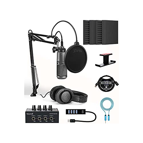 Audio-Technica AT2020USB+PK Vocal Microphone Pack for Streaming/Podcasting Bundle with Blucoil 4x 12" Acoustic Wedges, Headphone Amp and Hook, Pop Filter, USB-A Mini Hub and 3' USB Extension Cable