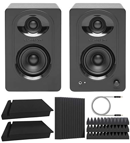 Samson MediaOne M30 3" Powered Studio Monitors with 3.5mm Outputs (Pair) Bundle with Blucoil Acoustic Isolation Pads (2-Pack), 12" Acoustic Wedges (4-Pack), and 5' Audio AUX Cable