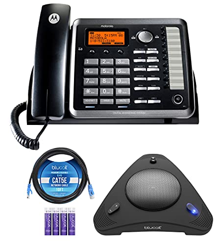 Motorola ML25254 DECT 6.0 Expandable Corded 2-line Business Phone with Caller ID & Answering Machine, Black Bundle with Blucoil 4 AAA Batteries, 10' Cat5e Cable, and USB Conference Speakerphone