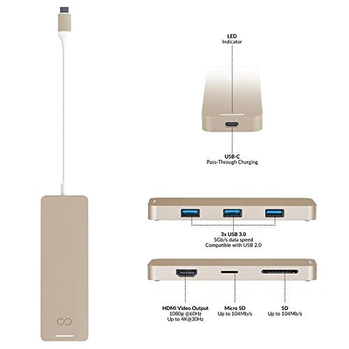 Blucoil USB Type-C Hub with 4K HDMI, 3X USB 3.0, USB-C Pass-Through Charging Ports, MicroSD / SD Card Reader Slots - Compatible with MacBooks, Chromebooks, Mac and Windows Notebooks (Gold)