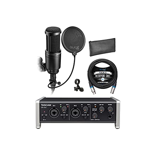 TASCAM US-2x2 USB Audio/MIDI Interface for Windows, Mac, iOS Bundle with Audio-Technic a AT2020 Cardioid Condenser Microphone, Blucoil 10-FT Balanced XLR Cable, and Pop Filter Windscreen