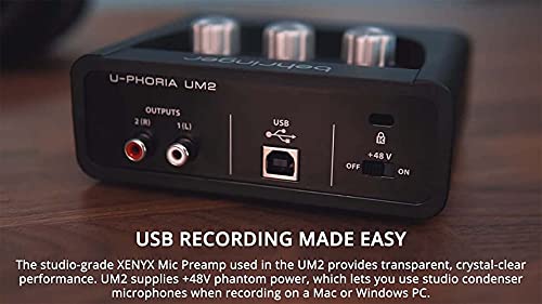 blucoil Audio Technica AT2050 Multi-Pattern Condenser Microphone Bundle with Behringer U-PHORIA UM2 USB Audio Interface for Windows & Mac, 2X 10' Balanced XLR Cables, Pop Filter, and 5X Cable Ties