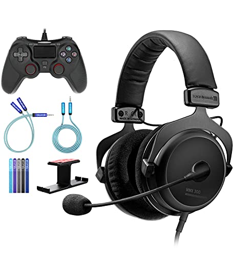 blucoil Beyerdynamic MMX 300 (2nd Generation) Premium Gaming Headset Bundle USB Gaming Controller for Windows/Mac/PS4, Y Splitter and 6' 3.5mm Extension Cables, Headphone Hook, and 5X Cable Ties