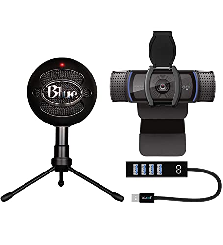 blucoil Logitech C920S HD Pro Webcam with Privacy Shutter - Widescreen Video Calling and Recording Bundle with Blue Snowball iCE USB Mic for Recording and Streaming (Black) USB-A Mini Hub