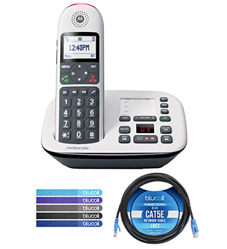 Motorola CD5011 DECT 6.0 Cordless Phone with Digital Answering Machine, Call Block, and 10dB Amplification Bundle with Blucoil 10-FT 1 Gbps Cat5e Cable, and 5-Pack of Reusable Cable Ties