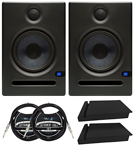 PreSonus Eris E5 2-Way 5.25" Near Field Studio Monitors (Pair) Bundle with Blucoil Acoustic Isolation Pads (2-Pack), and 10' Straight Instrument Cables with 1/4" Connectors (2-Pack)