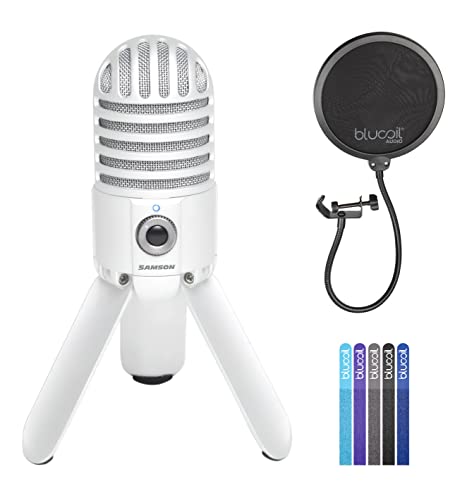 Samson Meteor Mic USB Studio Condenser Microphone (White) for Podcast, Voiceover, Web Conference on Windows, Mac, IOS Bundle with Blucoil Pop Filter Windscreen, and 5-Pack of Reusable Cable Ties