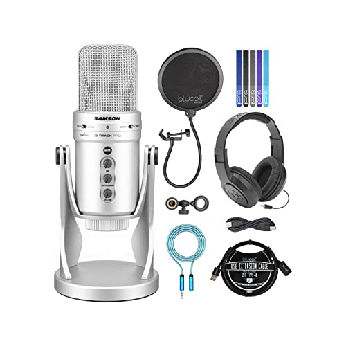 blucoil Samson G-Track Pro Professional USB Condenser Microphone, Silver Bundle with SR350 Over-Ear Headphones, 3' USB Extension Cable, Pop Filter, 5X Cable Ties, and 6' 3.5mm Audio Extension Cable