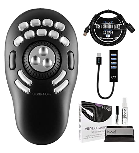 Contour Design ShuttlePRO V.2 Editing Shuttle with 15 Programmable Buttons - Ergonomic Video Editing Equipment Bundle with Blucoil 3' USB Extension Cable, USB-A Mini Hub, and Camera Cleaning Kit