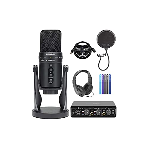 Samson G-Track Pro Professional USB Condenser Microphone, Black (SAGM1UPRO) Bundle with Blucoil USB Audio Interface, 3' USB Extension Cable, Pop Filter, 5X Cable Ties, and Samson SR350 Headphones