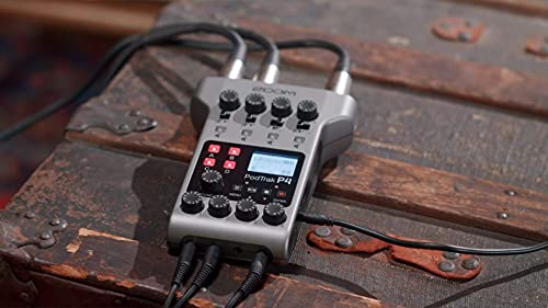 Zoom PodTrak P4 4-Input Ultimate Battery Powered Recorder for Podcasting on Windows, Mac, Android, and iOS Bundle with Blucoil USB Wall Adapter and Blucoil 32GB Silicon Power SDHC Memory Card
