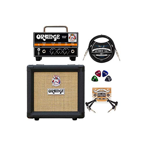 Orange Amps Micro Dark 20W Tube Hybrid Amplifier Head Bundle with PPC108 Cabinet (Black), Blucoil 10' Straight Instrument Cable (1/4"), 2-Pack of Pedal Patch Cables, and 4X Guitar Picks