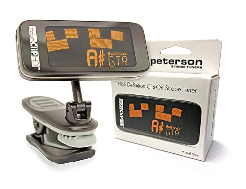 Peterson StroboClip HD Clip-On Tuner | Guitar, Bass, Violin, Ukulele, Harp, Brass, Woodwind, Orchestral Bundle with Blucoil 10' Straight Instrument Cable (1/4"), and 4-Pack of Celluloid Guitar Picks