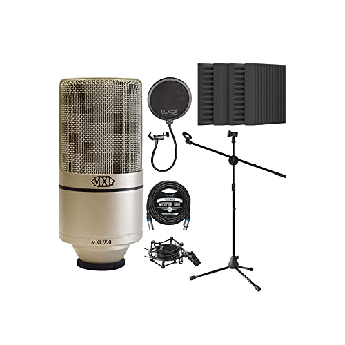 MXL 990 Cardioid Condenser Microphone for Vocals and Guitars (Champagne) Bundle with Blucoil 20-FT Balanced XLR Cable, Pop Filter, Adjustable Microphone Tripod Stand, and 4X 12 Acoustic Wedges