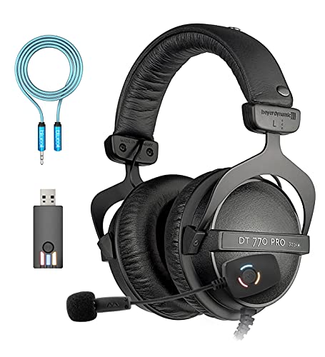 blucoil Beyerdynamic DT 770 PRO 32 Ohm Over-Ear Studio Headphones with 3.5mm Jack, Black Bundle with Antlion Audio ModMic Wireless Attachable Boom Mic for Windows & Mac 6' 3.5mm Extension Cable