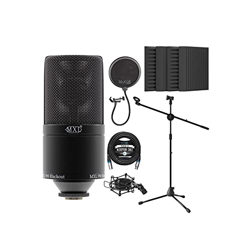 MXL 990 Cardioid Condenser Microphone for Vocals and Guitars (Black) Bundle with Blucoil 20-FT Balanced XLR Cable, Pop Filter, Adjustable Microphone Tripod Stand, and 4X 12 Acoustic Wedges