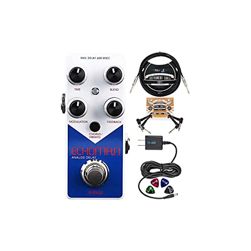 Xvive V21 Echoman Vintage Pure Analog Delay Guitar Effect Pedal Bundle with Blucoil Slim 9V Power Supply AC Adapter, 10' Straight Instrument Cable (1/4"), 2x Patch Cables, and 4x Guitar Picks