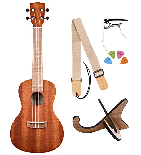 Kala Satin Mahogany Concert Ukulele with White Binding (KA-C), Brown with Rosewood Fretwood and Aquila Super Nylgut Strings Bundle with Downloadable Kala App, and Blucoil Ukulele Accessories Kit